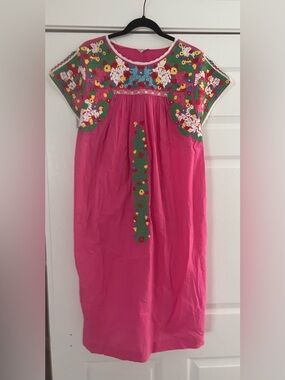 Frances Valentine Bright Pink Embroidered Floral Cotton Dress